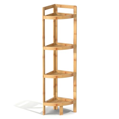 2026 New Bamboo Standing Shelf, 4 Tier Corner Shelf Stand, Free-Standing Shelf Units, Triangular Curved Corner Shelf Stand for Space-Saving Display Ideal for Bathroom/Kitchen/Living Room Storage - size: 4-Tier