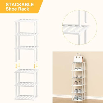 SHIISEWE White Bamboo Shoe Rack for Small Spaces 6 Tier Tall Vertical Narrow Rack - color: White, size: 6 Tier