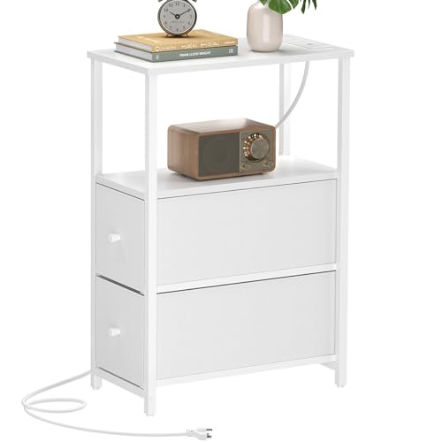 TUTOTAK Narrow End Table, Skinny Side Table with Charging Station | Bedside Table with Outlets, Slim Nightstand with 2 Cloth Drawers for Small Space, Living Room, Bedroom, White TB01BW085 - color: White, size: 1 Pack (2 Drawers), style: With Plug
