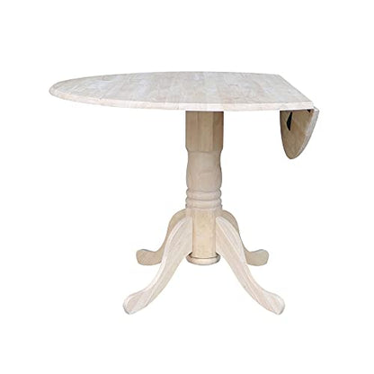 IC International Concepts, Round Dual Drop Leaf Pedestal Dining Table, Solid Real Wood, Sturdy Parawood, Dimensions 42"D x 42"W x 29.5"H, 40lbs Capacity, Paint/Stain Ready, Unfinished - color: Unfinished
