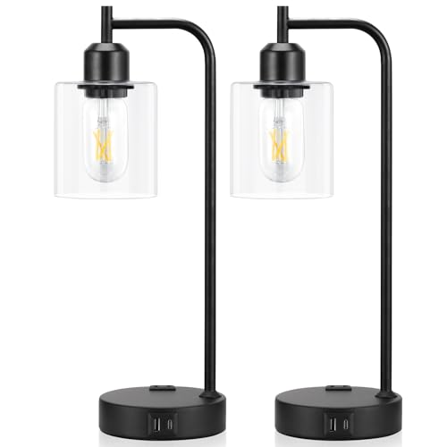 Industrial Touch Lamps for Nightstand Set of 2, 3-Way Dimmable Bedside Lamp | Glass Shade, USB C+A Charging Port & Outlet, Black Desk Lamps for Bedroom, Living Room, Home Office, Reading - color: A-Clear