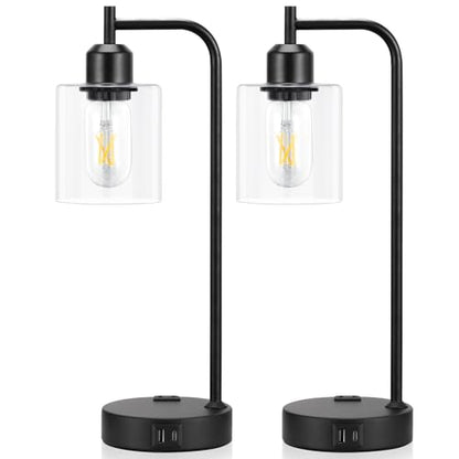 Industrial Touch Lamps for Nightstand Set of 2, 3-Way Dimmable Bedside Lamp | Glass Shade, USB C+A Charging Port & Outlet, Black Desk Lamps for Bedroom, Living Room, Home Office, Reading - color: A-Clear