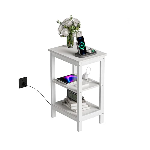 VECELO End Table with Charging Station and USB Ports, Small Wood Nightstand Modern Style, 24" Tall Living Room Side Table with 3-Tier Storage Shelves for Small Spaces, Office, Bedroom, Pearl White - color: Pearl White, size: 1 Pack