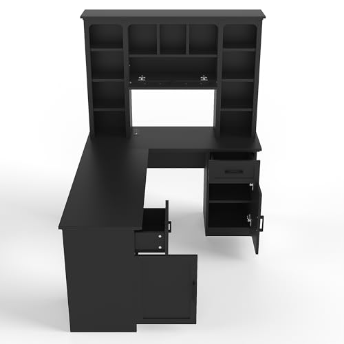 Bellemave L-Shaped Computer Desk with Drawers, Hutch and Bookshelf, Home Office Desk, Corner Gaming Computer Desk with Power Outlet, Study Table Writing Desk, Black - color: Black