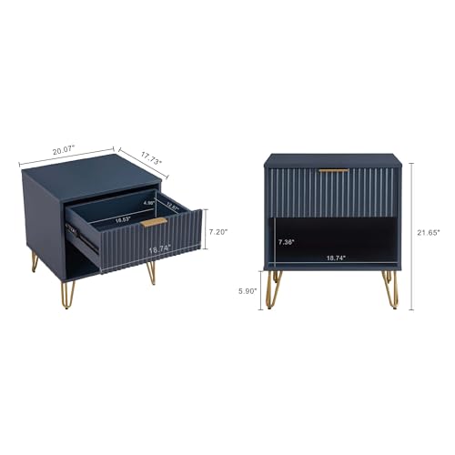 JOSHEN Sturdy Metal Legs Nightstand, Bedside Stand with Textured Drawer, Accent Table for Bedroom for Indoor use, Dark Blue - color: Dark Blue