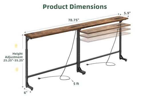 Simple Trending 78.75 Inch Narrow Console Table with 2 Charging Station, Behind Couch Table Set of 2, Sofa Table Adjustable Height, Long Entryway Tables for Living Room, Rustic Brown