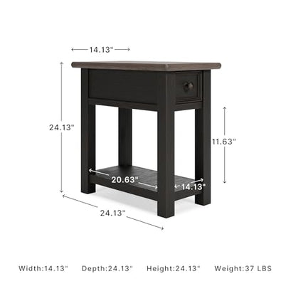 Signature Design by Ashley Narrow Chairside End Table with Charging Station | Smooth-gliding remote drawer, Lower display shelf, Rustic 2-tone finish, Tyler Creek Series - color: Black