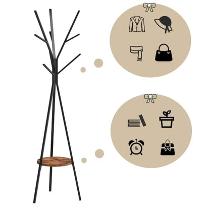 HOME BI Coat Rack, Coat Hanger Stand with Shelves, Freestanding Hall Tree, Metal Hat Hanger with 9 Hooks for Clothes Hats and Scarves, Black and Rustic Brown(Black+Rustic Brown) - color: Rustic Brown