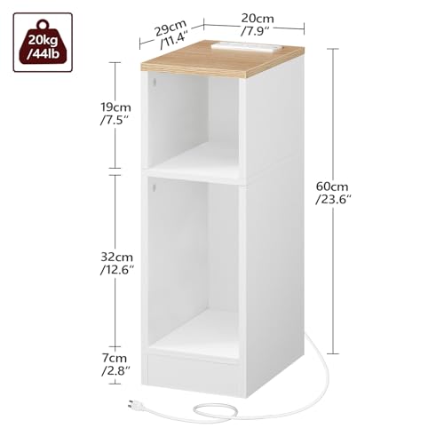 MAHANCRIS Narrow Nightstand, Narrow End Table with Charging Station, Skinny Bedside Table for Small Spaces, Mid Century Modern Night Stand for Bedroom, Living Roon, Natural and White ETNW30E01 - color: Natural and White