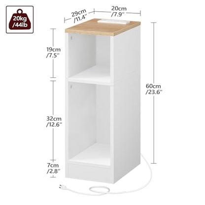 MAHANCRIS Narrow Nightstand, Narrow End Table with Charging Station, Skinny Bedside Table for Small Spaces, Mid Century Modern Night Stand for Bedroom, Living Roon, Natural and White ETNW30E01 - color: Natural and White
