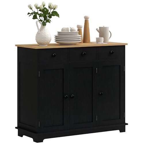 HOMCOM Sideboard Buffet Cabinet Solid Wood Countertop Modern Black | Modern Kitchen Storage, Coffee Bar Cabinet, 3 Drawers, Doors, Adjustable Shelf - color: Distressed Black, size: 39.75" x 15.75" x 33.5"