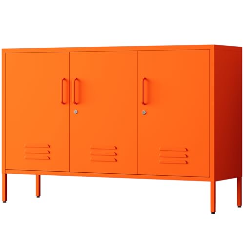 32" Wide 3-Door Lockable Metal Storage Cabinet with Accent Cabinet Locker, Heavy Duty Home Tool Cabinet, 2 Removable Shelves & Easy Assembly, for Home, Office, Entryway and Hallway Orange - color: Sunlight, style: Cabinet-32"H-WL