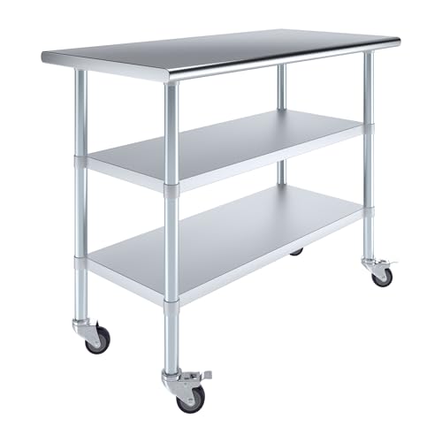 AmGood Stainless Steel Work Table with 2 Shelves and Casters | Metal Utility Table On Wheels (Stainless Steel Work Table with 2 Shelves + Casters, 48" Long x 24" Deep) - size: 48" Long x 24" Deep