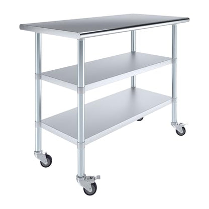 AmGood Stainless Steel Work Table with 2 Shelves and Casters | Metal Utility Table On Wheels (Stainless Steel Work Table with 2 Shelves + Casters, 48" Long x 24" Deep) - size: 48" Long x 24" Deep