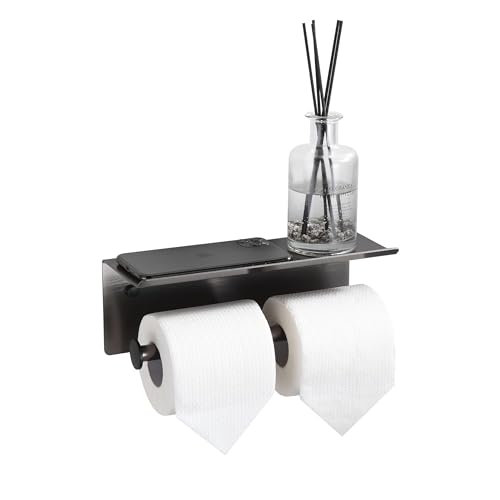 Grey Toilet Paper Roll Holder with Shelf Wall Mounted for Bathroom (Grey, Double Head) - color: Gunmetal Grey