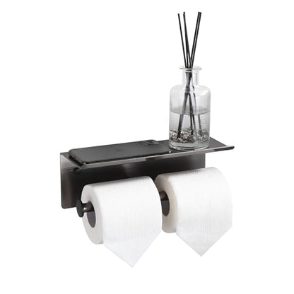 Grey Toilet Paper Roll Holder with Shelf Wall Mounted for Bathroom (Grey, Double Head) - color: Gunmetal Grey