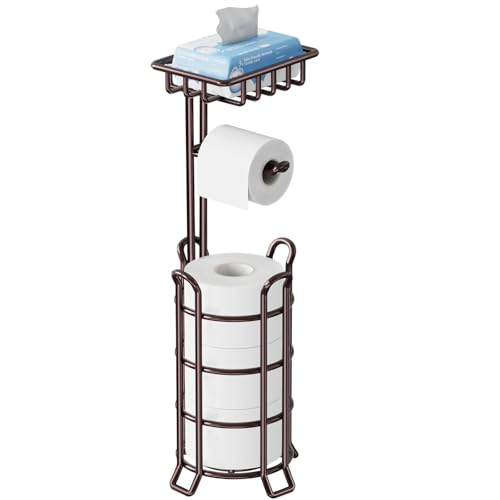 TomCare Toilet Paper Holder Upgraded Toilet Paper Stand with 4 Raised Feet Metal Free Standing Tissue Paper Roll Dispenser with Storage Shelf Sturdy Bathroom Accessories (Bronze) - color: Bronze, size: With Shelf
