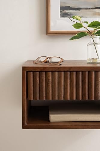 Kate and Laurel Reid Ribbed Wooden Tiered Floating Side Table, 18 x 10 x 9, Walnut Brown, Modern Rectangular Mango Wood Floating Nightstand with Drawer for Bedroom Storage or Living Room End Table - color: Walnut Brown