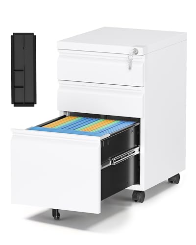 3 Drawer Mobile File Cabinet with Lock,Under Desk Storage Cabinet for Home Office,Vertical Filing Cabinet Fits A4 or Letter Size(Unassembled,White) - color: White, size: 14.6"W x 24.4"H x 17.3"D