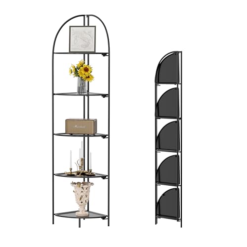 Crofy 5-Tier Foldable Corner Shelf, Metal Black Frame & Shelves | Corner Plant Stand, Corner Display Rack, Multipurpose Shelving Unit for Living Room, Bedroom and Bathroom - color: Black Frame & Black Shelf, size: 5 Tier