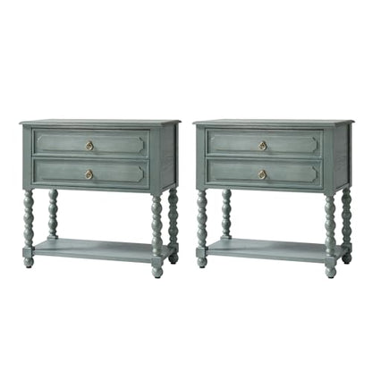 HULALA HOME Farmhouse End Table with Charging Station, 2PK Blue | Open Shelf Storage, Drawer Organization, Spindle Legs, Solid Wood Details - color: Blue