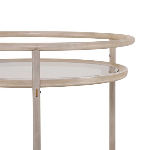 GDFStudio Round Bar Cart with Dual Tempered Glass Shelves, Gold Metal Accents and Lockable Wheels, Distressed White Finish Modern Beverage Trolley for Living Room, Dining Room or Kitchen - color: Ancient White