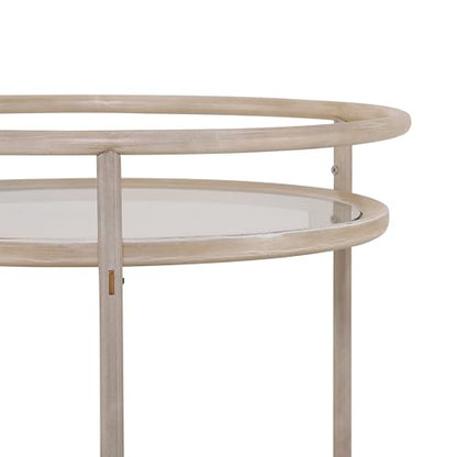 GDFStudio Round Bar Cart with Dual Tempered Glass Shelves, Gold Metal Accents and Lockable Wheels, Distressed White Finish Modern Beverage Trolley for Living Room, Dining Room or Kitchen - color: Ancient White
