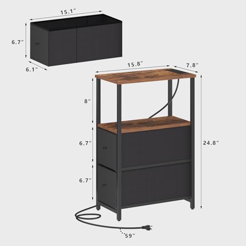 TUTOTAK Small Narrow End Table with Charging Station, Set of 2, Side Table with Outlets, Nightstand with 2 Cloth Drawers, Couch Table, for Living Room, Bedroom, Bedside, Brown and Black TB01BB055K - color: Brown and Black, style: 2 Drawers & Plug