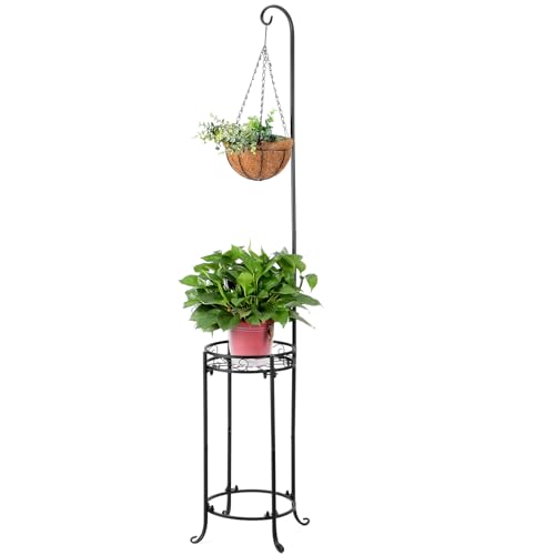 CroBlissful 2 Tier 61" Hanging Plant Stand indoor outdoor Iron Planter Shelves Garden Plant Hanger Stands Black Metal Plant Shelves for Garden Patio Bedroom Living Room Balcony Office