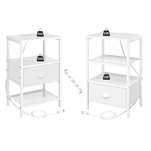 sthmec Nightstands Set of 2, Night Stands with Charging Station and Fabric Drawer PU Finish, Bedside Tables with Drawers, 2-Tier Side Table with Open Shelf, Nightstands with Charging Station,White - color: White, style: Power