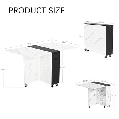 White Marble Mobile Folding Dining Table - 6-Wheel Rolling Kitchen Cart with Storage, Drop Leaf Design for Small Spaces, Suitable for Kitchen, Dining Room, Apartment - color: Black