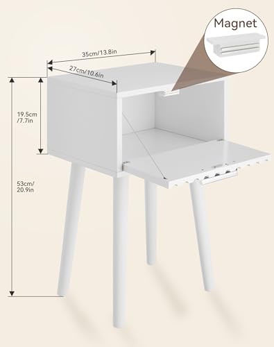 YMYNY Fluted Nightstand Set of 2, Small End Table, Modern Coffee Table with Drawer, Solid Wood Legs, Retaining Chain, 13.8" x 10.6" x 20.9", for Bedroom and Small Spaces, White UHST014W-2 - color: White