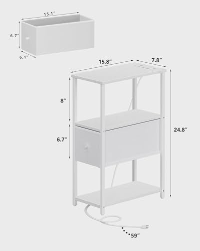 TUTOTAK Small Narrow LED End Table with Charging Station, Side Table Outlets, Nightstand with Cloth Drawer, Set of 2, Couch Table, for Living Room, Bedroom, Bedside, White TB01BW059 - color: White, style: 1 Drawer with Plug & Light