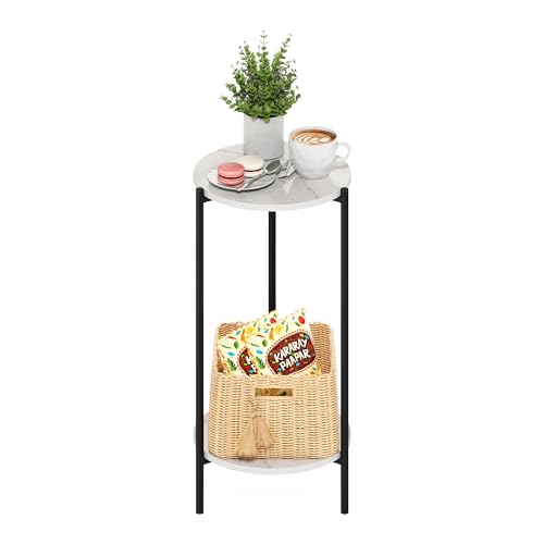 Furinno BESI Plant Stand Indoor, 2-Tier Round Plant Shelf, Metal Flower Pot Plant Stand, Balcony, Patio, Garden, Marble White - color: Marble White