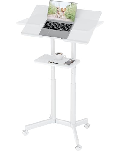 BONTEC Lecterns & Podiums Portable Mobile Standing Laptop Desk, Height Adjustable, Sit Stand, Home Office Classroom Pulpit Stand Up Desk Workstation, Rolling Table Laptop Cart with Storage Tray, White - color: White