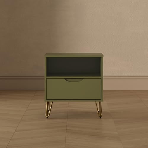 Manhattan Comfort Avira 20 Inch Nightstand with Drawer and Shelf, Mid Century Modern Bedroom Stand with Storage, Compact Side End Table with Metal Legs, Olive Green - color: Olive Green