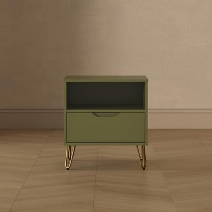 Manhattan Comfort Avira 20 Inch Nightstand with Drawer and Shelf, Mid Century Modern Bedroom Stand with Storage, Compact Side End Table with Metal Legs, Olive Green - color: Olive Green