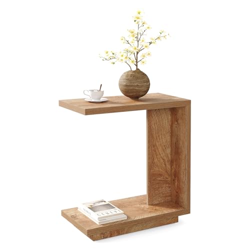 LITTLE TREE C-Shaped Side Table, Narrow 2-Tier End Table for Living Room, Couch, Bedroom, Bedside, Nightstand, Brown - size: 1