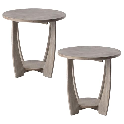 Set of 2 Rustic Farmhouse End Table with Storage Shelf, French Country Accent Side Table for Family, Dinning or Living Room, Small Spaces, Modern, Round, Vintage Grey Finish - color: Curved Leg