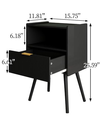 Veegle Nightstand,Modern Bedside Table with Storage Drawer and Open Wood Shelf, Accent Night Stand with Solid Wood Legs for Living Room, Bedroom and Small Spaces,Easy Assembly (Black) - color: Black