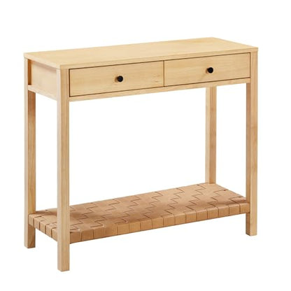 Nathan James Evelyn Modern Farmhouse Wood Console Table, Entryway Table with Storage, Open Lower Shelf with Woven Leather Straps, Natural Brown - color: Evelyn Natural Brown, size: Set of 1
