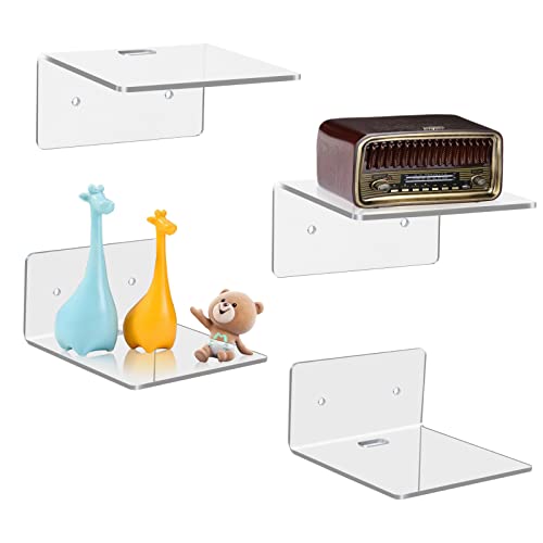 4 Pack Small Wall Shelf, 4'' Acrylic Wall Shelves Display Ledges for Storage & Decoration, Small Floating Shelf for Wall with 2 Types of Installation (Adhesive or Screw) - color: Clear