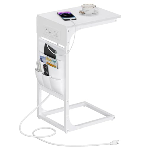 TUTOTAK C Shaped End Table with Charging Station, Side Table for Sofa, Couch Table with Storage Bag, TV Tray Table with 2 USB Ports and Outlets for Living Room, Bedroom, White TB01BW024 - color: White, size: 1 Pack (11.8"W), style: With Plug