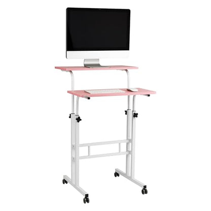 Mind Reader Standing Desk, Adjustable Height Laptop Workstation, Portable Rolling Desk on Wheels, Two-Tier Metal Frame, Pink - color: Pink