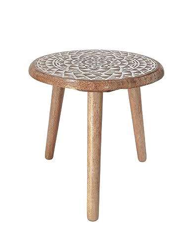 VANIYA CRAFTS® Wooden Engraved Fold-able Round End Table/Side Table/Plant Stand/Stool for Living Room Bedroom Restaurant Kids Play Furniture Table Round Shape (Natural White 5) - color: Natural White 5