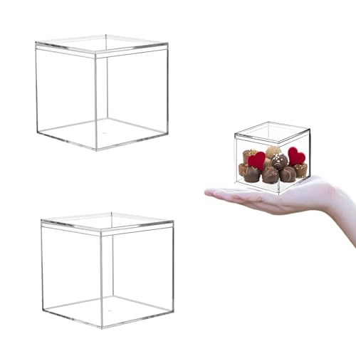 KissYou Acrylic Box with Lid 2 Pieces Small Clear Square Cube Small Mini Storage Box Plastic Containers Weddings, Party Gift Candy Boxes - size: 2.36 x 2.36 x 2.36 Inch
