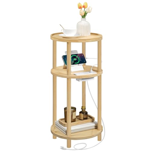 HOOBRO Small Round Side Table with Charging Station, 3-Tier Round Bamboo End Table, Compact Sofa Bedside Table for Small Space, Easy Assembly, for Living Room, Bedroom, Apartment, Natural YL152UBZ01 - color: Natural