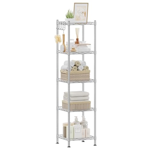 SONGMICS Storage Shelf, Bathroom Shelf for Small Space, 5 Tier, Silver | Storage rack with 5 PP shelf liners, removable hook, extendable design, Translucent, ULGR023S01 - color: Silver + Translucent, size: 5 Tiers (11.8"D x 11.8"W), style: With PP Shelf L