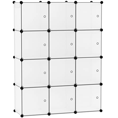 C&AHOME 12-Cube Storage Organizer with Door Cube Shelf Closet Cabinet White | DIY Plastic Modular Bookshelf, Stackable Clothes Storage Shelving Ideal for Home, Bedroom, 36.6”L x 12.4”W x 48.4”H - color: Transparent White