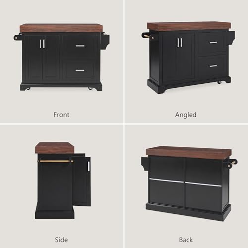 53.2" Rolling Kitchen Island with Storage, 3.5" Thick Countertop, Spice Rack, Towel Rack, Drawer & Cabinet - Mobile Kitchen Cart on Wheels for Kitchen, Dining Room, Black - color: Black